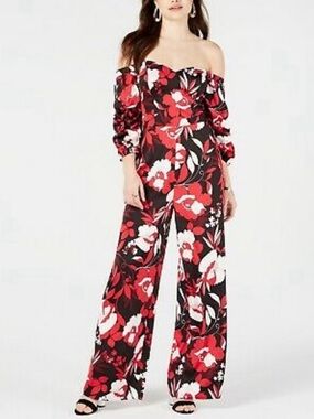 GUESS Black Off-Shoulder Floral Jumpsuit with Red & White Print